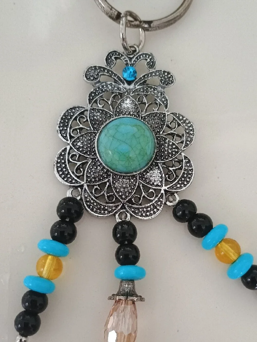 Boho Turquoise & Red Beaded Silver Keychain Charm